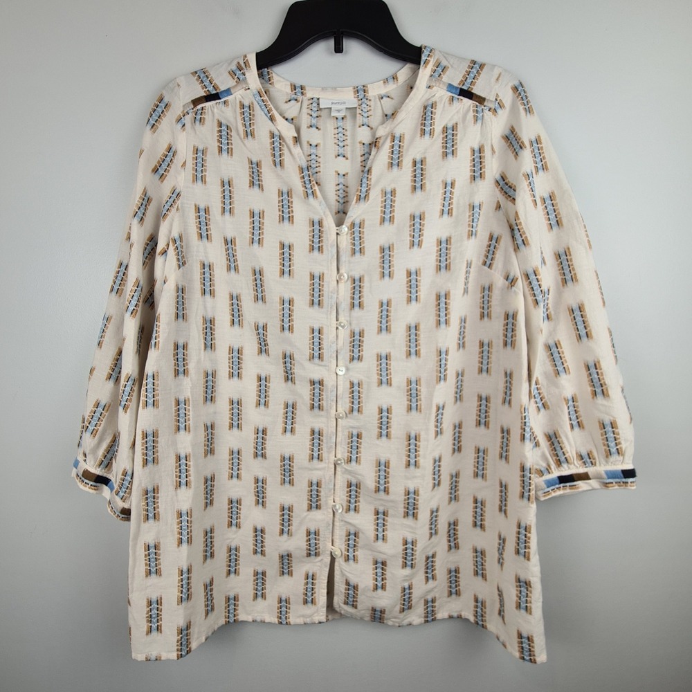 Pure Jill Womens XS Cream Embroidered Button Front 3/4 Sleeve Cotton Tunic Top‎